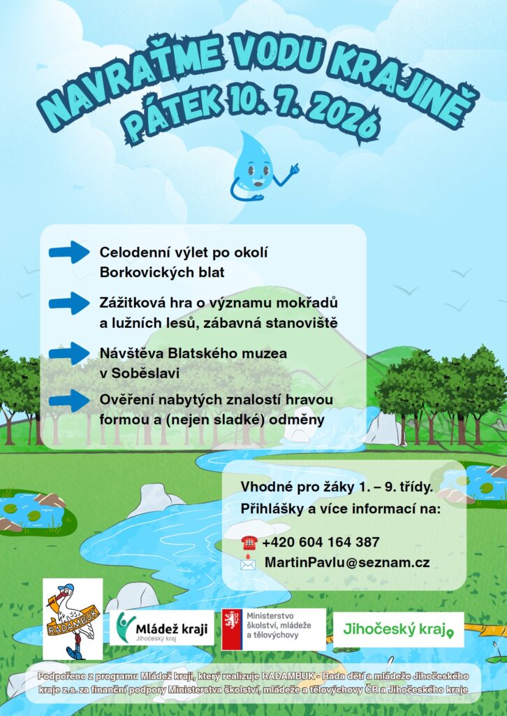 10.7. 2026- projekt Mládež kraji – kraj Jihočeský – Navraťme vodu krajině - RADAMBUK | Rada dětí a mládeže Jihočeského kraje
