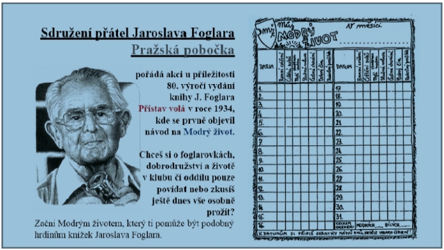 80 let Modrého života připomíná Pražská pobočka SPJF (kresba J. Foglara M. Teslevič, tabulka J. Foglar, dědicové, zdroj: Bohoušek.cz) 80 let Modrého života připomíná Pražská pobočka SPJF (kresba J. Foglara M. Teslevič, tabulka J. Foglar, dědicové, zdroj: Bohoušek.cz)