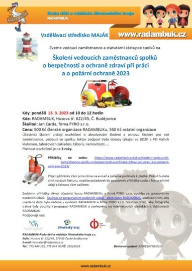 Školení vedoucích zaměstnanců spolků o bezpečnosti a ochraně zdraví při práci a o požární ochraně 13. 3. 2023 - RADAMBUK | Rada dětí a mládeže Jihočeského kraje