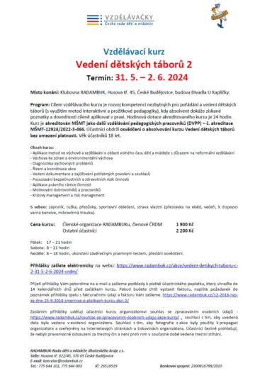 Vzdělávací kurz Vedení dětských táborů č. 2- 31. 5. – 2. 6. 2024 – ČRDM - RADAMBUK | Rada dětí a mládeže Jihočeského kraje