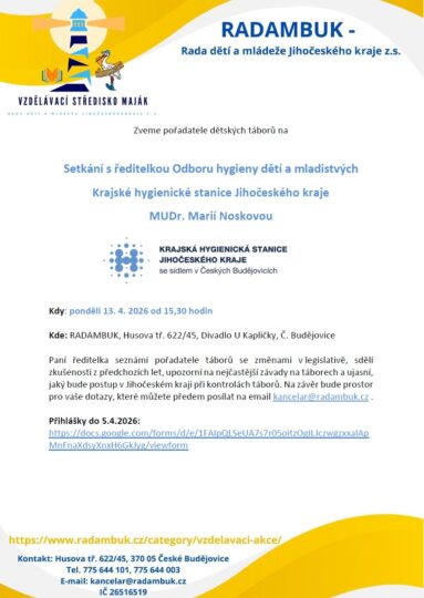 Setkání s ředitelkou Odboru hygieny dětí a mladistvých Krajské hygienické stanice Jihočeského kraje 13. 4. 2026 - RADAMBUK | Rada dětí a mládeže Jihočeského kraje
