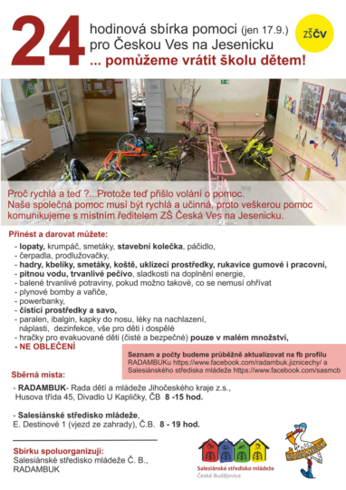17. 9. 2024 rychlá sbírka materiálu pro ZŠ Česká Ves na Moravě, pomáhejte s námi!!!! - RADAMBUK | Rada dětí a mládeže Jihočeského kraje