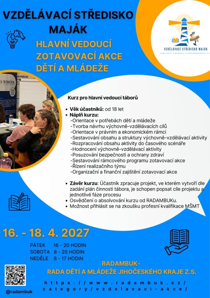 Hlavní vedoucí zotavovací akce dětí a mládeže 16. - 18. 4. 2027 - RADAMBUK | Rada dětí a mládeže Jihočeského kraje
